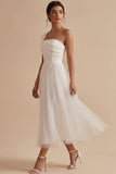 Robe de fiançailles blanche Midi à une épaule en ligne A
