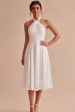 Robe de fiançailles Midi blanche à col nu en ligne A avec de la dentelle