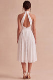 Robe de fiançailles Midi blanche à col nu en ligne A avec de la dentelle