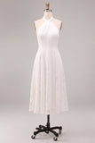 Robe de fiançailles Midi blanche à col nu en ligne A avec de la dentelle
