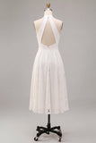 Robe de fiançailles Midi blanche à col nu en ligne A avec de la dentelle