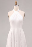 Robe de fiançailles Midi blanche à col nu en ligne A avec de la dentelle