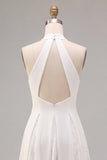 Robe de fiançailles Midi blanche à col nu en ligne A avec de la dentelle
