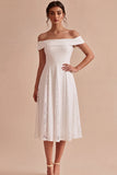 Robe de fiançailles blanche midi ligne A à épaules dénudées avec dentelle