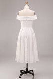 Robe de fiançailles blanche midi ligne A à épaules dénudées avec dentelle