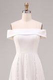 Robe de fiançailles blanche midi ligne A à épaules dénudées avec dentelle