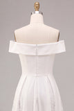 Robe de fiançailles blanche midi ligne A à épaules dénudées avec dentelle