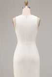 Robe de fiançailles longue en satin à col rond à col rond blanche avec fente