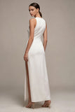 Robe de fiançailles longue en satin à col rond à col rond blanche avec fente
