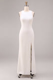 Robe de fiançailles longue en satin à col rond à col rond blanche avec fente