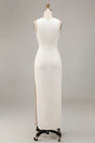 Robe de fiançailles longue en satin à col rond à col rond blanche avec fente