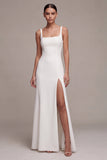 Robe de fiançailles longue blanche sirène à col carré avec fente