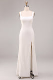Robe de fiançailles longue blanche sirène à col carré avec fente