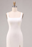 Robe de fiançailles longue blanche sirène à col carré avec fente