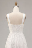 Robe de fiançailles Midi à brouilles blanches blanches à bretelles épaisses à serrure A-Line