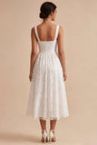 Robe de fiançailles Midi à brouilles blanches blanches à bretelles épaisses à serrure A-Line