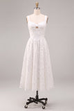 Robe de fiançailles Midi à brouilles blanches blanches à bretelles épaisses à serrure A-Line
