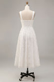 Robe de fiançailles Midi à brouilles blanches blanches à bretelles épaisses à serrure A-Line