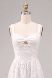 Robe de fiançailles Midi à brouilles blanches blanches à bretelles épaisses à serrure A-Line