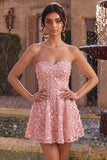 Robe courte de rentrée à la maison rose A-Line Sweetheart 3D fleur avec volants