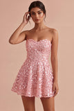 Robe courte de rentrée à la maison rose A-Line Sweetheart 3D fleur avec volants