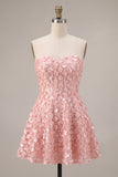 Robe courte de rentrée à la maison rose A-Line Sweetheart 3D fleur avec volants