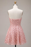 Robe courte de rentrée à la maison rose A-Line Sweetheart 3D fleur avec volants