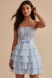 Robe courte de rentrée bleue, bretelle à fleurs à volants, sans bretelles