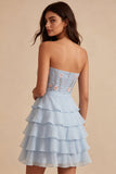 Robe courte de rentrée bleue, bretelle à fleurs à volants, sans bretelles