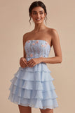 Robe courte de rentrée bleue, bretelle à fleurs à volants, sans bretelles