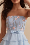 Robe courte de rentrée bleue, bretelle à fleurs à volants, sans bretelles