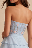 Robe courte de rentrée bleue, bretelle à fleurs à volants, sans bretelles