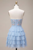 Robe courte de rentrée bleue, bretelle à fleurs à volants, sans bretelles