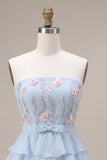 Robe courte de rentrée bleue, bretelle à fleurs à volants, sans bretelles