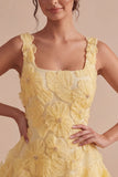 Robe courte de rentrée jaune à la maison en perles à col carré en A, perles