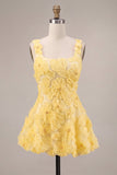 Robe courte de rentrée jaune à la maison en perles à col carré en A, perles