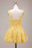 Robe courte de rentrée jaune à la maison en perles à col carré en A, perles