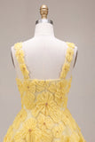 Robe courte de rentrée jaune à la maison en perles à col carré en A, perles