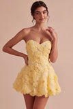 Robe de rentrée florale à fleurs de perles en forme de perles jaunes en forme de Sweetheart A-Line avec volants
