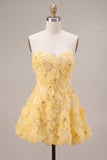 Robe de rentrée florale à fleurs de perles en forme de perles jaunes en forme de Sweetheart A-Line avec volants