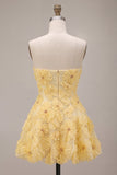 Robe de rentrée florale à fleurs de perles en forme de perles jaunes en forme de Sweetheart A-Line avec volants