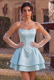 Robe de fin d’année en satin à volants en satin à la taille basque sans bretelles à la taille basque