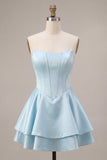 Robe de fin d’année en satin à volants en satin à la taille basque sans bretelles à la taille basque