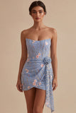 Corset bodycon bleu bretellé Fleuri brodée robe courte de rentrée avec ceinture