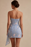 Corset bodycon bleu bretellé Fleuri brodée robe courte de rentrée avec ceinture