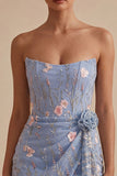 Corset bodycon bleu bretellé Fleuri brodée robe courte de rentrée avec ceinture