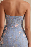 Corset bodycon bleu bretellé Fleuri brodée robe courte de rentrée avec ceinture