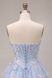Corset sans bretelles bleu A-Line Fleur à volants basque taille à volants robe de fin d’année