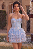 Corset sans bretelles bleu A-Line Fleur à volants basque taille à volants robe de fin d’année