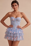 Corset sans bretelles bleu A-Line Fleur à volants basque taille à volants robe de fin d’année